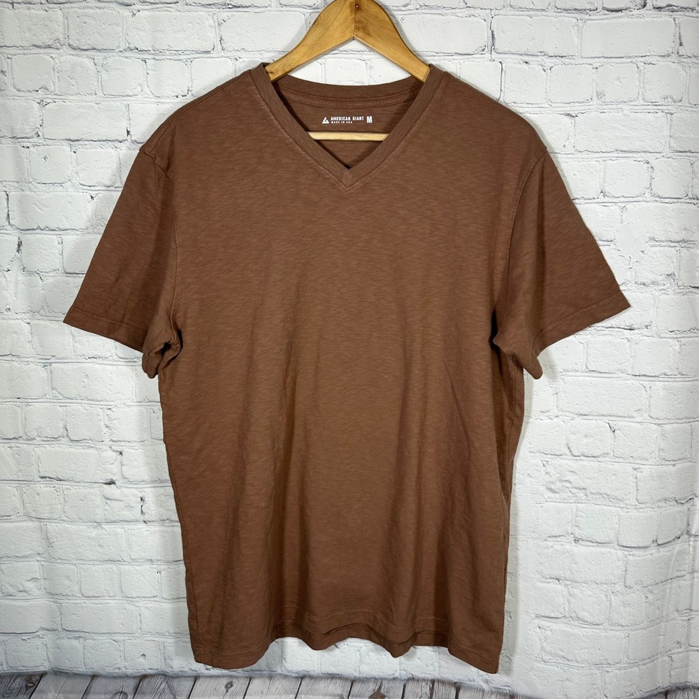 American Giant Tshirt  Mens Medium Brown Slub Cotton V-Neck‎ Short Sleeve USA